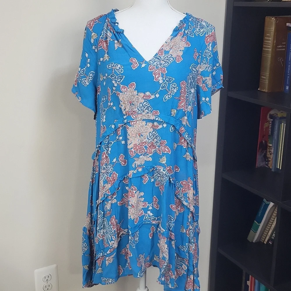 By ANTHROPOLOGIE Blue Robin Tiered Floral Mini Dress Size L - Picture 2 of 15